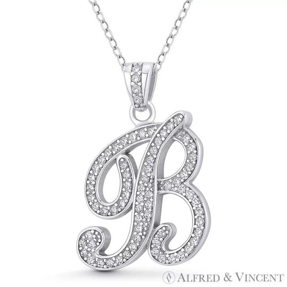 Initial Letter "B" Cursive Script CZ Crystal Pendant in .925 Sterling Silver - Picture 1 of 1